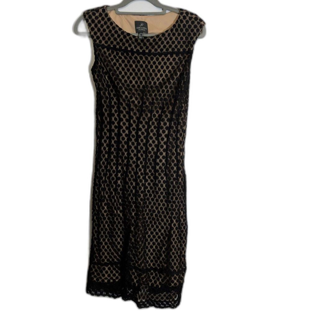 Adrianna Papell Black Polka Dot Lace Dress Nude Lined Sleeveless Cocktail US 2
